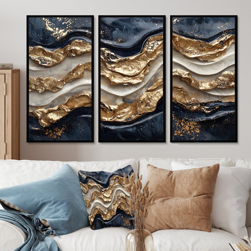 Éclipse dorée sur des vagues dansantes de marbre IV - réalisme abstrait, art mural - ensemble de 3, H 40 po x l 60 po, Noir