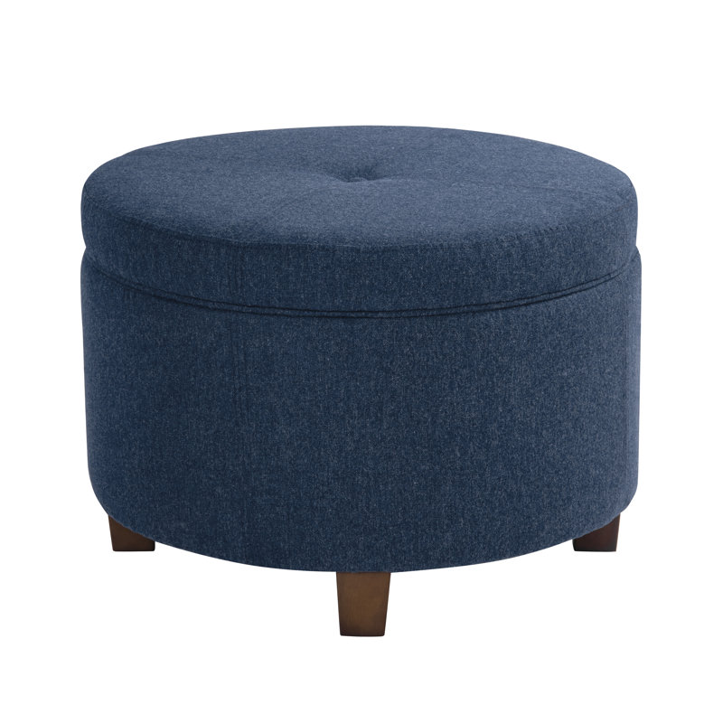 24" Wide Velvet Tufted Round Storage Ottoman with Storage, Felted Blue Woven