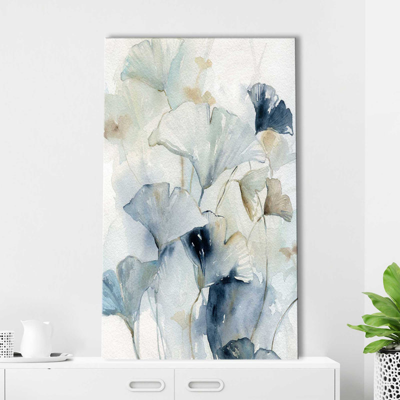 Indigo Ginkgo I par Carol Robinson - Peinture, L 18 po x H 30 po, Toile tendue