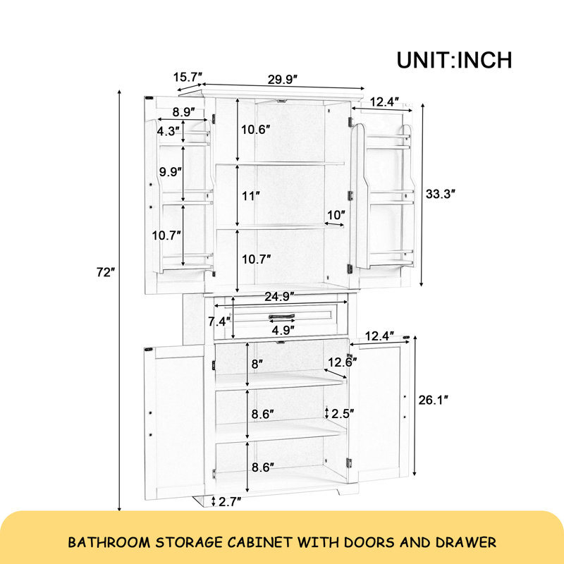 Armoire de rangement pour salle de bain avec portes et tiroir, plusieurs espaces de rangement, tablette réglable, gris, Gris