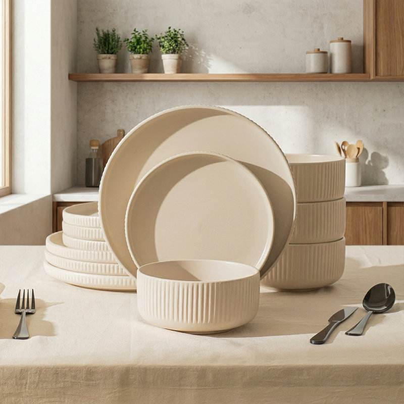 12 Piece Stoneware Plates And Bowls Set, Dinnerware Sets Service For 4