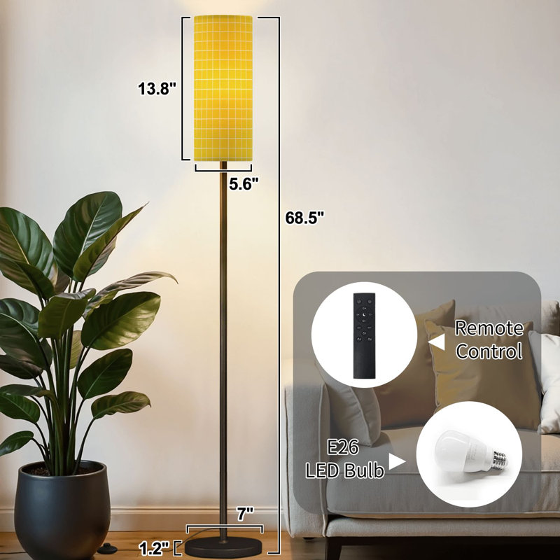 Lampe sur pied avec grille jaune clair et lignes blanches à intensité variable avec télécommande et interrupteur au pied avec abat-jour
