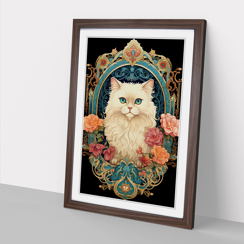 Persian Cat Nouveau - Single Picture Frame Print on Wood, Walnut Framed, 34cm H x 25cm W x 2cm D