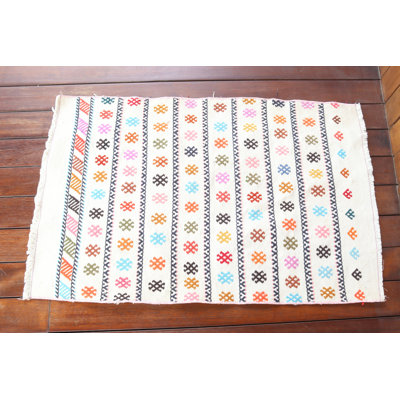 Vintage Turkish Kilim Striped Wool Floor Mat in Colorful Traditional Pattern for Small Spaces and Boho Decor