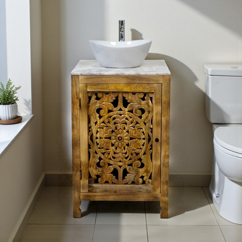 Meuble-lavabo en bois naturel sculpté à la main de 24 po