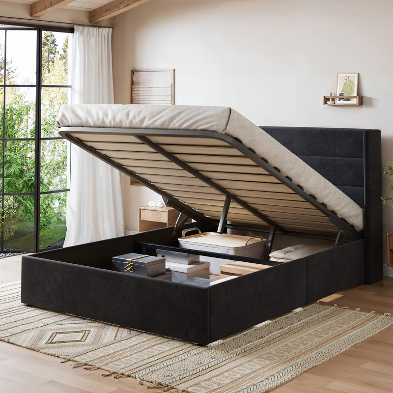 Lit plateforme tapissier hydraulique avec rangement relevable, Noir, Grand