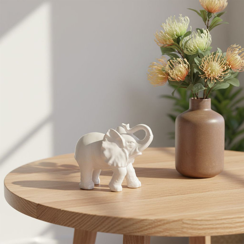 Small White Ceramic Elephant Figurine, Elegant Elephant Desk Decor for Shelf or Table