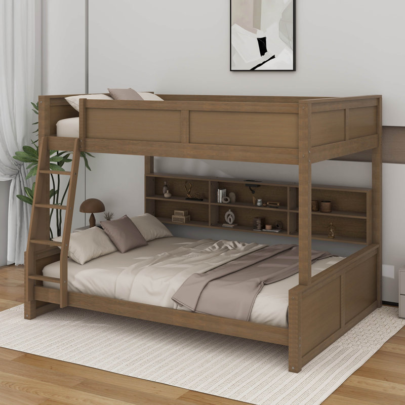 Bunk Bed With Storage Cabinets And USB Ports, Antique Wood, Full XL Over Queen