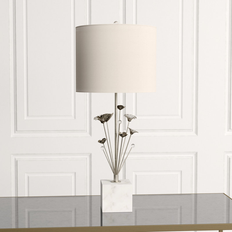 Table Lamp, Burnished Silver Leaf/White Marble, Cream