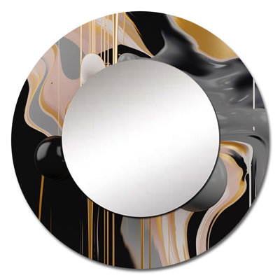 Gold and Black Mystic MÚlange II - Abstract Shapes Unique Wall Mirror Decor, Modern Large Round Mirror, Printed Metal Art
