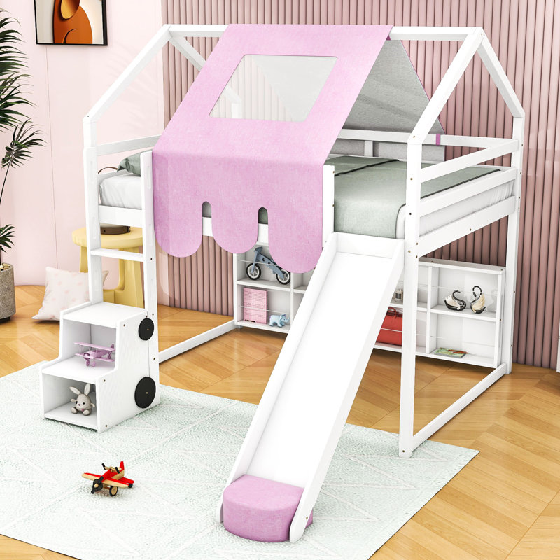 Wooden House-Shaped Loft Bed With Slide And Shelves, Full, White/Pink