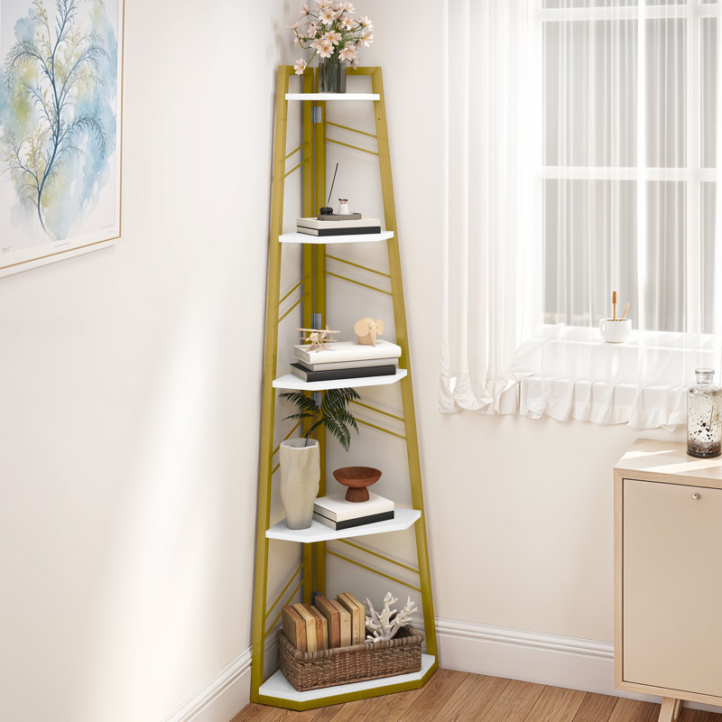 160 H × 35 W Corner Shelf Unit，Modern Ladder Shelving Unit, White/Gold