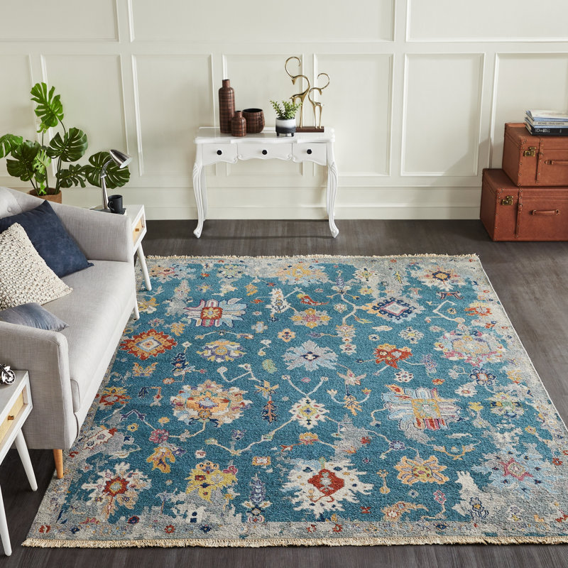 Tapis en laine tissé à plat à la main Zahara Ocean Bloom, Tapis de couloir 2 pi 6 po x 10 pi