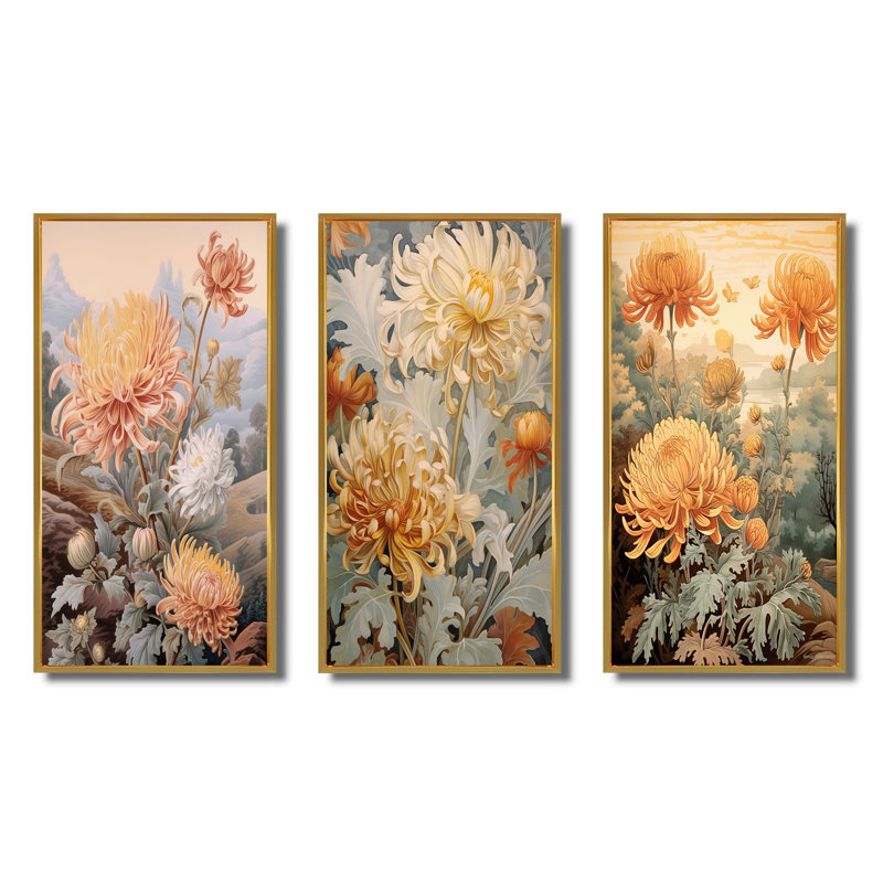 «Blooming White Orange Orange», art mural 3 pièces Wildflowers, Cadre flottant doré, H 20 po x l 36 po