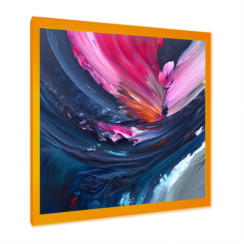 Dennice, art texturé abstrait bleu et rose, Encadrement doré, H 36 po x l 36 po x P 1,5 po