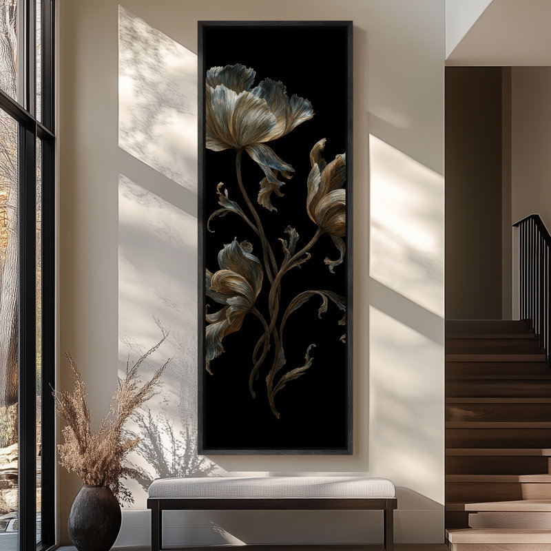 Fleurs encadrées, art botanique sur toile pour décoration murale moderne, H 60 po x l 20 po, Noir
