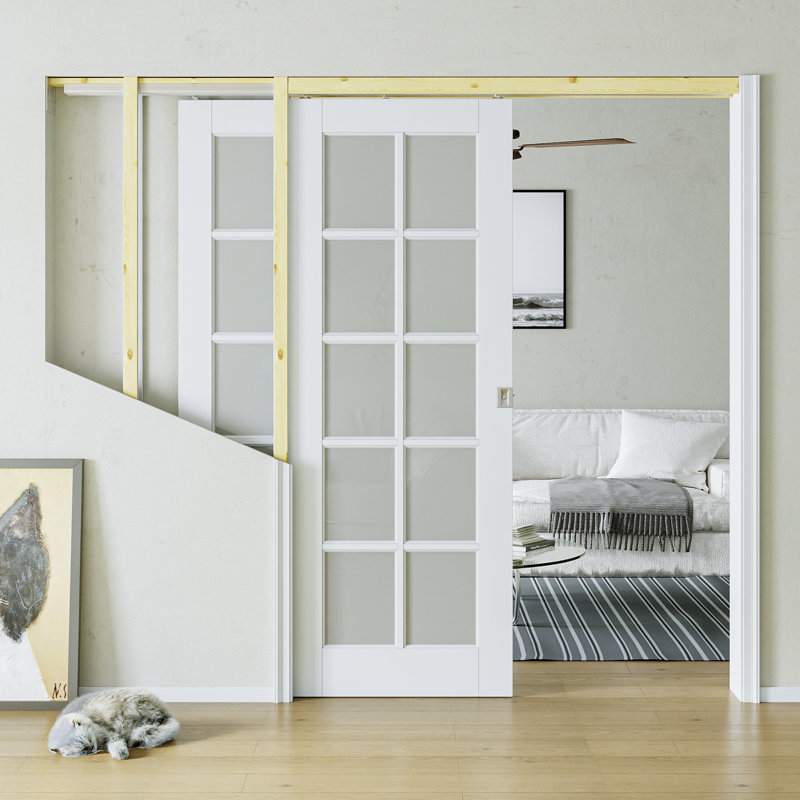 Portes coulissantes intérieures en verre givré coulissant 10-Lite, 60 po x 80 po, Blanc / argenté