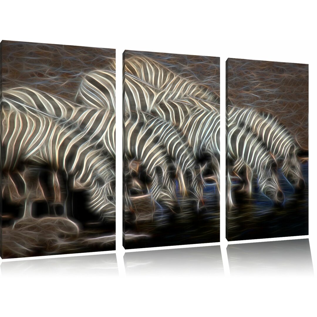 3-tlg. Leinwandbilder-Set „Zebrafamilie an einem Wasserloch“, Grafikdruck