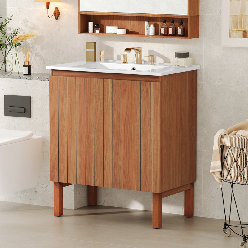Meuble-lavabo moderne 30 po avec lavabo en céramique, meuble-lavabo minimaliste rétro, portes à poignée libre 45 degrés, meuble-lavabo à rayures verticales avec grand espace de rangement