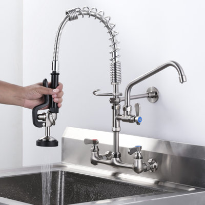 Wall Mount Triple Handle Pull Down Sprayer Kitchen Faucet With Pre-Rinse Sprayer With Advanced Spray In Brushed Nickel
