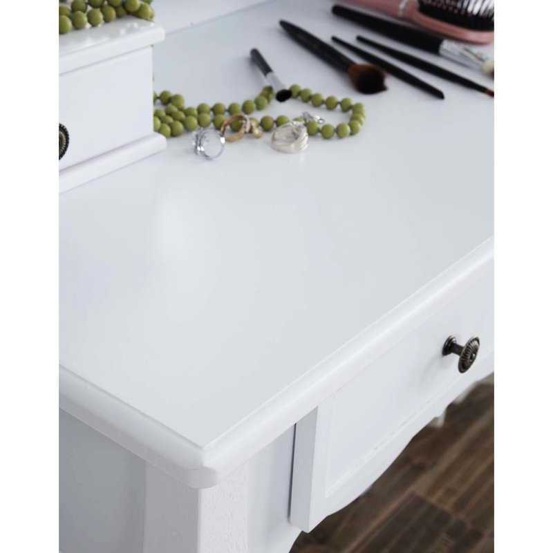 Nan Make Up Table And Stool In White Wood - Featuring A Rectangular Bench Mirrored Vanity Wooden Furniture Spacious Storage Elegant Appearance