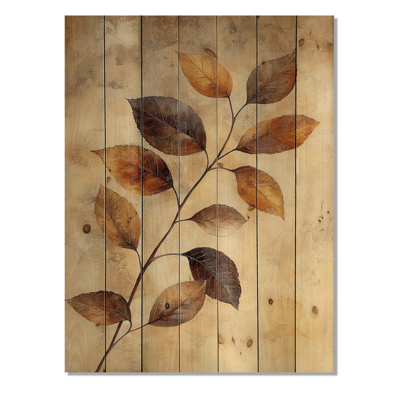 Brun sépia délavé V - décoration murale en bois de feuilles - sur bois de pin naturel, H 20 po x l 10 po