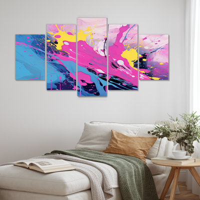 «Pink Blue Paint Splash Pop Art», art mural abstrait 5 pièces