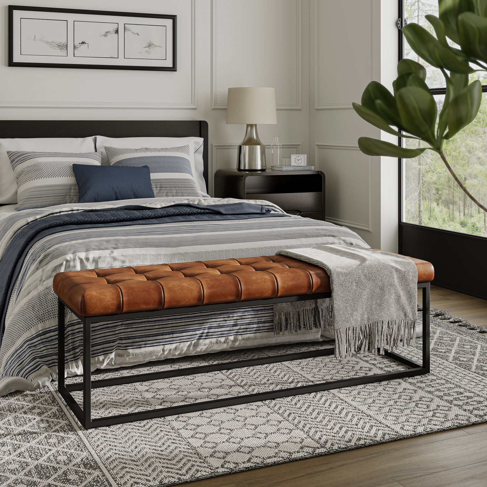 Pearson Genuine Leather Bedroom Bench, Saddle Top Grain Leather, 17.5" H x 55" W x 17" D