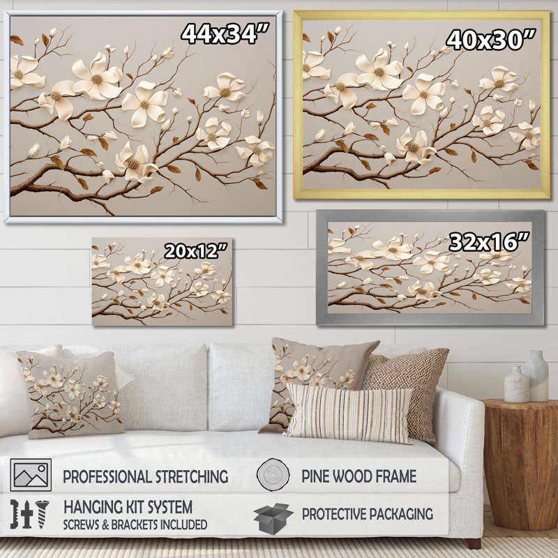 " White Dogwood Blossom Harmony I ", White Closed Corner Framed, 12" H x 20" W x 1" D