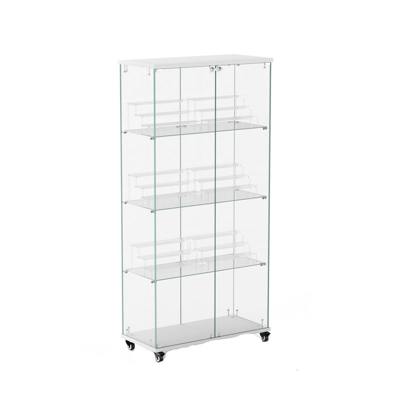 Vitrine à 4 niveaux en verre avec porte verrouillable et roues, H 65,1 po x l 31,5 po x P 14,2 po, Blanc