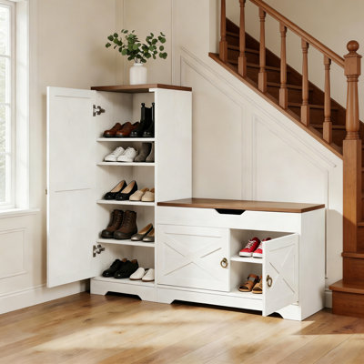 2-in-1 Farmhouse Entryway Storage Bench With Tall Shoe Cabinet, Anti-Tip Design for Mudroom & Hallway