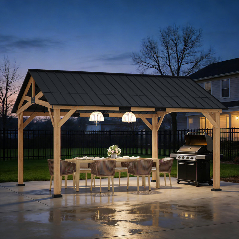 13 Ft x 15 Ft Wooden Gazebo Hardtop, Natural Cedar Frame Outdoor Patio Gazebo, Weather & Rust Resistant Shade Structure for Backyard & Garden