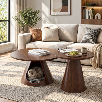 Ensemble de tables basses rondes gigognes avec table de bout et lit-grotte pour chat