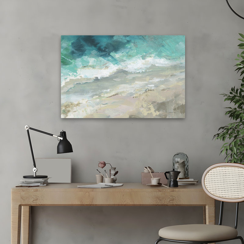 Vue aérienne de la mer contemporaine abstraite bleu blanc aérien turquoise, H 24 po x l 16 po