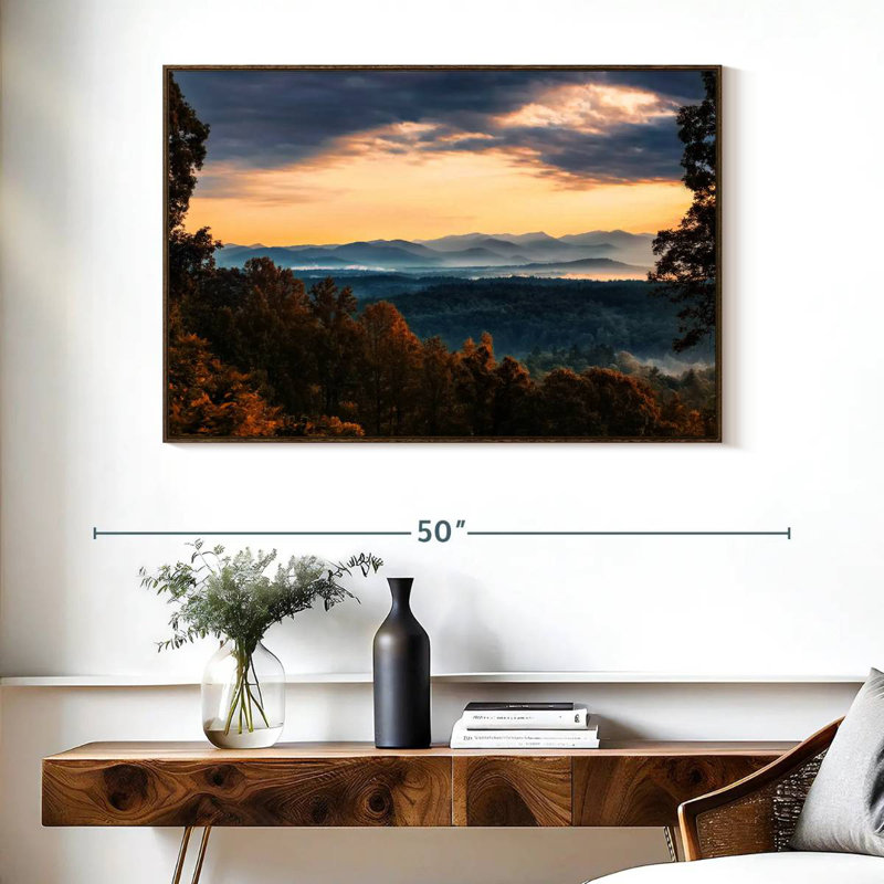 Blue Ridge Mountain Sunrise, Cadre flottant noyer, 40 po x 27 po