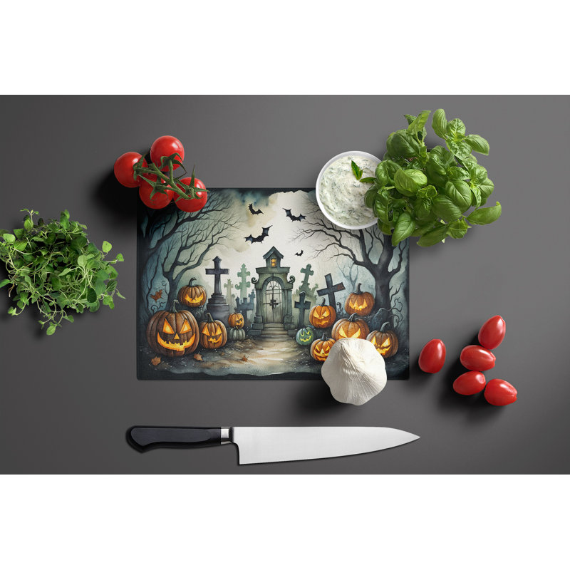 Graveyard Spooky Halloween Glass Cutting Board Large
