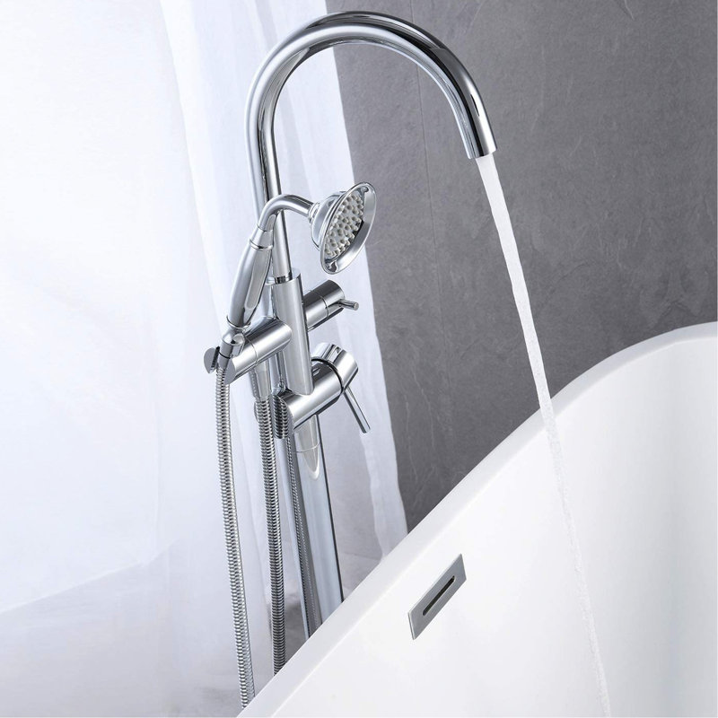Floor Mounted Freestanding Tub Filler In , Solid Brass Build, Hand Shower For Versatile Use Bathtub Faucet Design, Handheld Shower, Luxury
