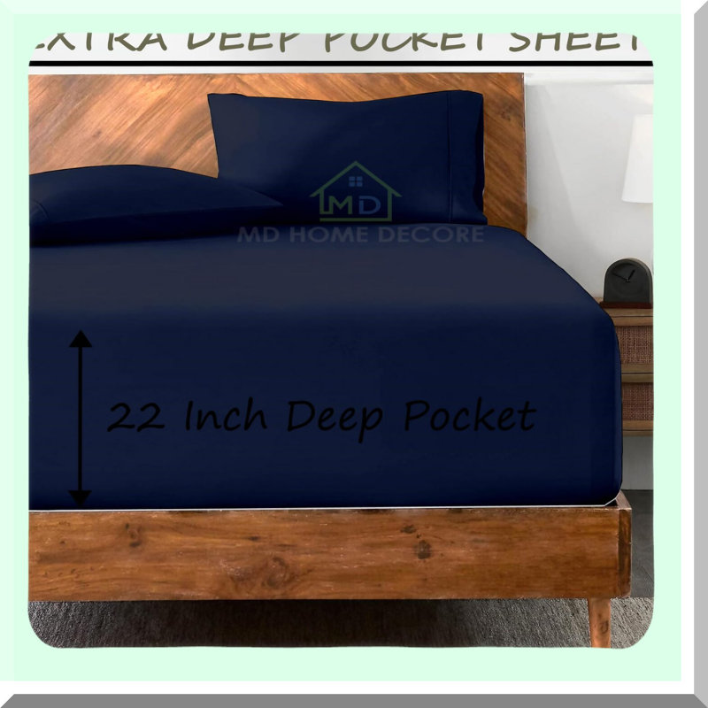 Luxury Cotton 400TC Deep Pocket Queen Sheet Set - Navy Blue Solid - 4-Piece Bed Sheets - Extra Deep 22 Inch Fitted Sheet - Elastic All Around - Queen Size - Soft & Breathable - Hotel Quality Sheets