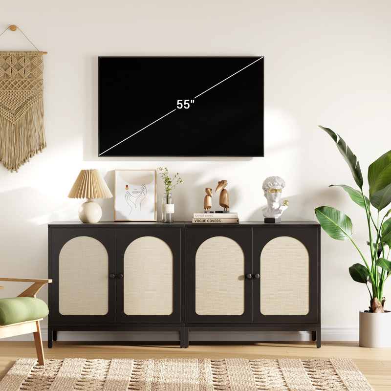 Buffet en rotin, armoire de rangement de cuisine avec tablette réglable pour le salon, couloir, 2 pièces, Noir