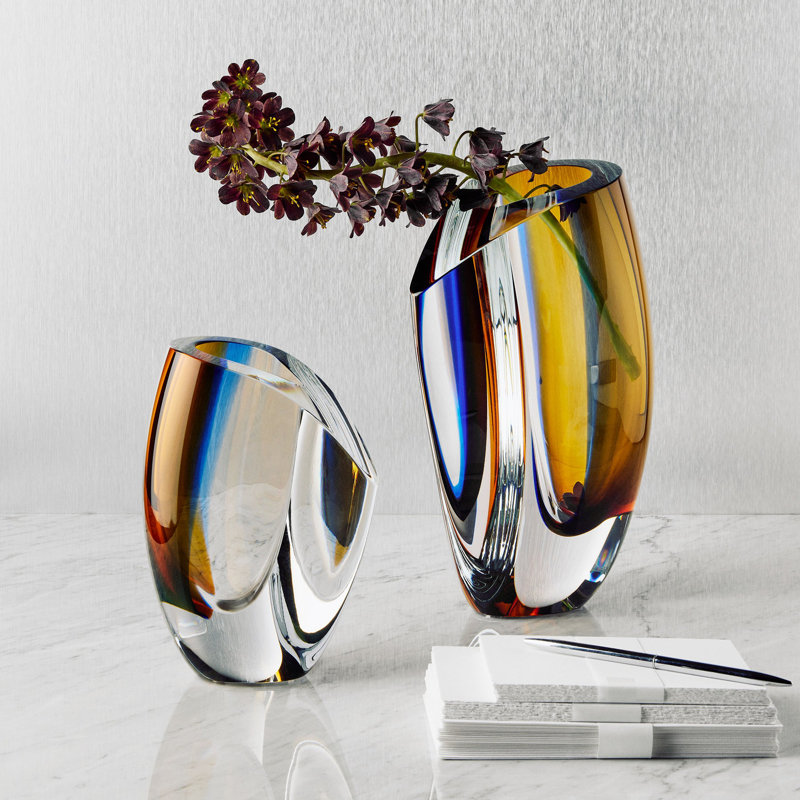 Mirage Handmade Glass Table Vase, Blue/Amber, 8.25" H x 5.5" W x 5.5" D