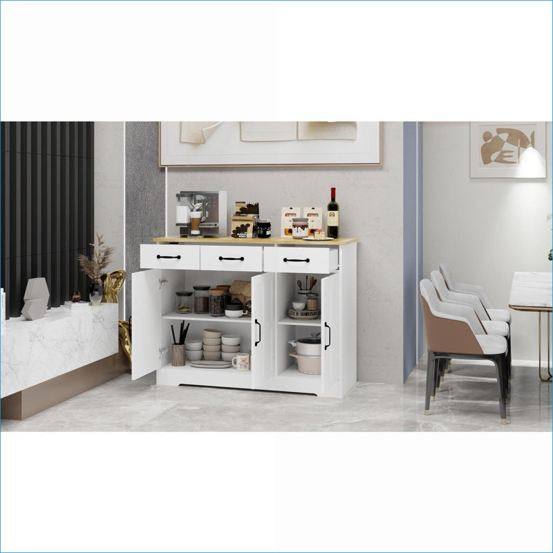 Armoires | Buffet Farmhouse avec 3 tiroirs et 3 portes, rangement réglable pour le salon | Blanc cassé | Panneau de fibres à densité moyenne