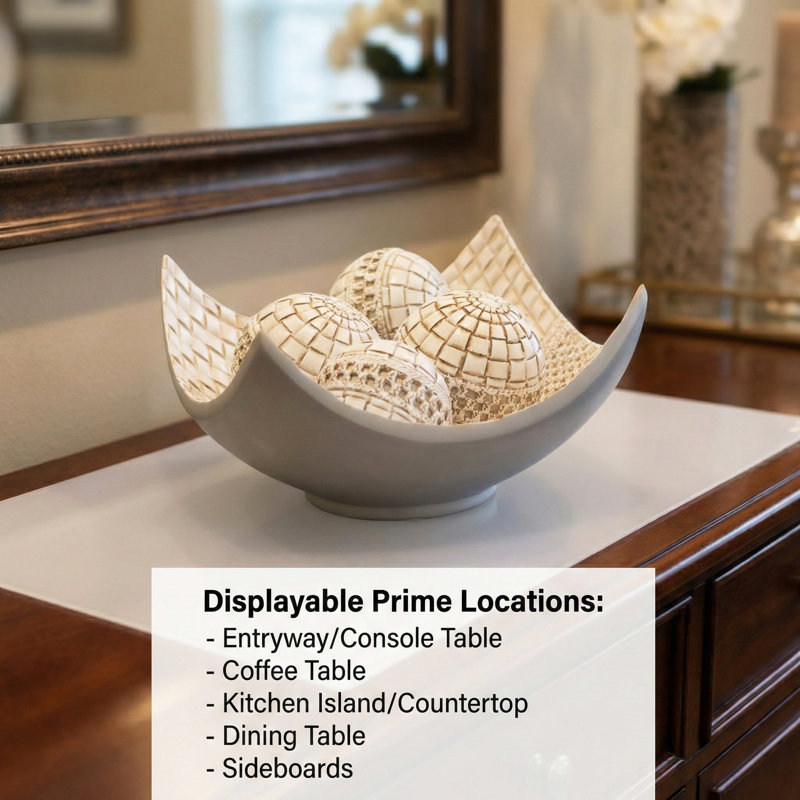 Elektra White Decorative Bowl for Coffee Table Decor, Kitchen, Dining Room Centerpieces, Orbs/Balls Included