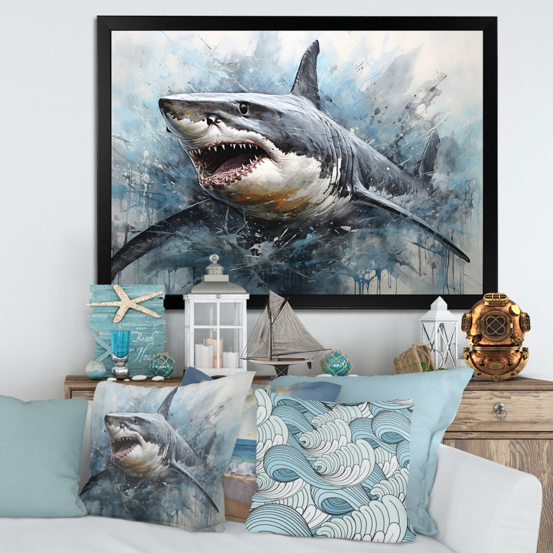 Minimalism Blue Shark Painting - Shark Wall Art, 12" H x 20" W x 1" D, Black Single Picture Framed