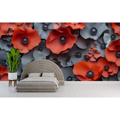 Papier peint coquelicot moderne rouge et gris moderne - décoration murale floral 3D pour mur de chambre à coucher, de couloir ou de bureau - motif floral contemporain audacieux