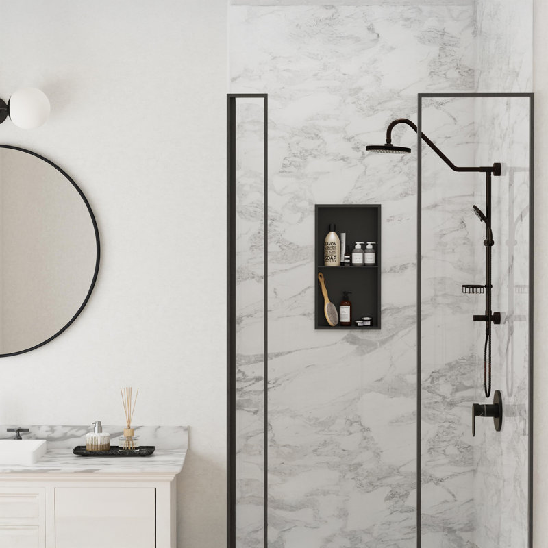 12-in x 24-in Ultra-thin Frame Recessed 2-Section Stainless Steel Shower Niche, Matte Black