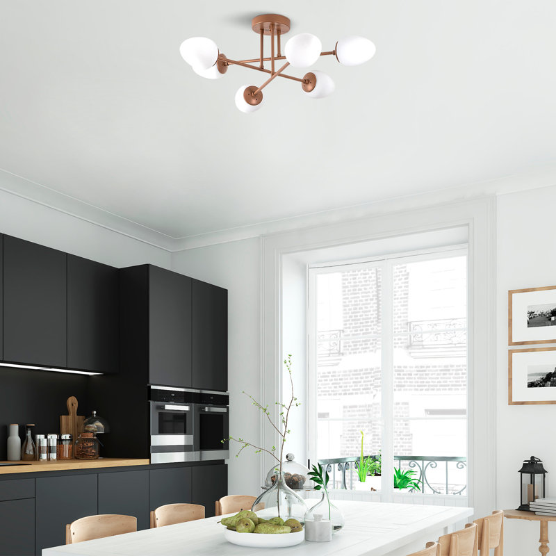 Modern Copper Chandelier, 31.9 x 31.9 x 12.6 inches | Metal Body & Base Plate, Glass Cap | 6 x E14 Sockets (Max 15W) | Elegant Scandinavian Design for Living Room, Dining Room, & Entryway | Bulb Not Included