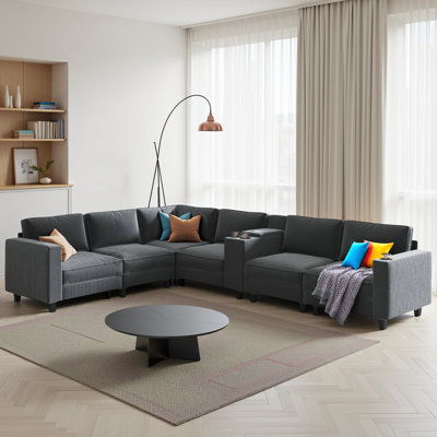 L-Shaped Sectional Sofa with Adjustable Center Console, Large Living Room Storage Sofa with USB Charging