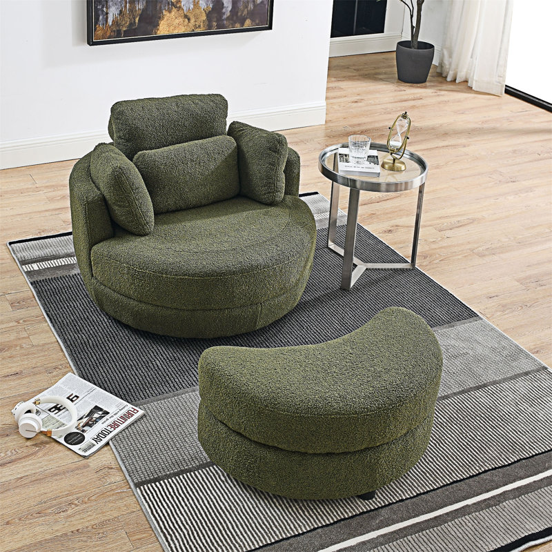 Fauteuil demi-tonneau pivotant avec repose-pieds de rangement, Tissu vert