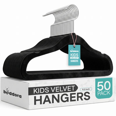Lot de 50 cintres en velours noir pour enfants, antidérapants, avec crochet pivotant à 360°.