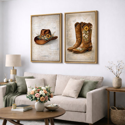 Vintage Cowboy Hat and Floral Boots Artwork, Western Bedroom Pictures, Framed Canvas Giclee Print 2 Pieces Wall Art